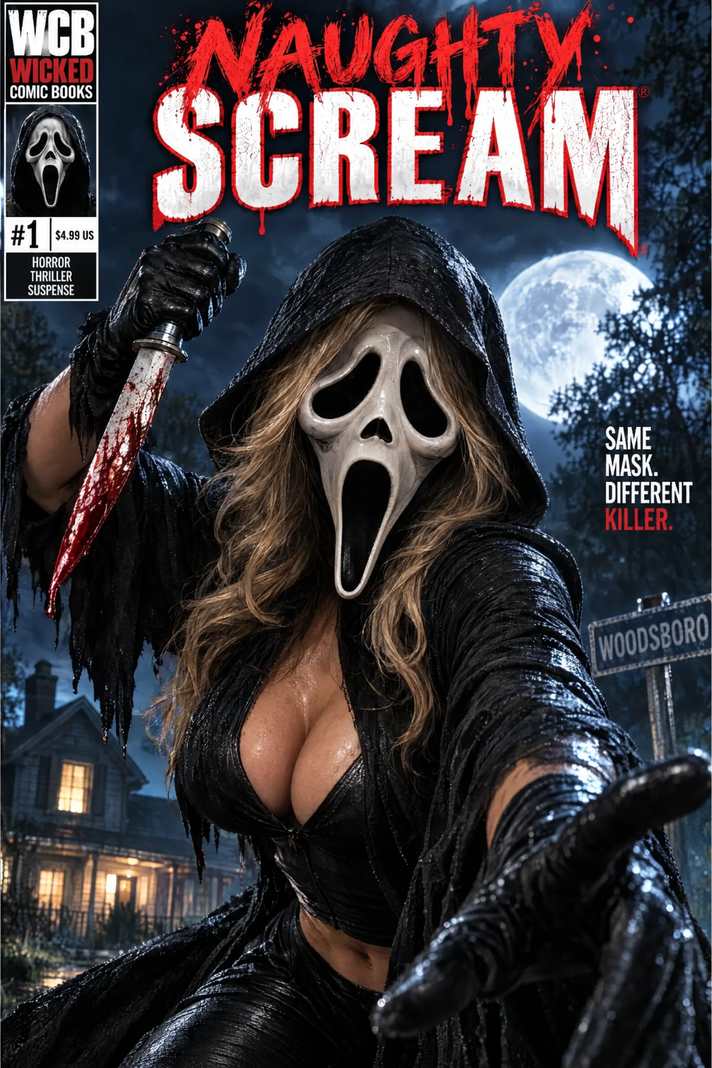 Naughty Scream #1 masked slasher horror comic cover with knife and full moon