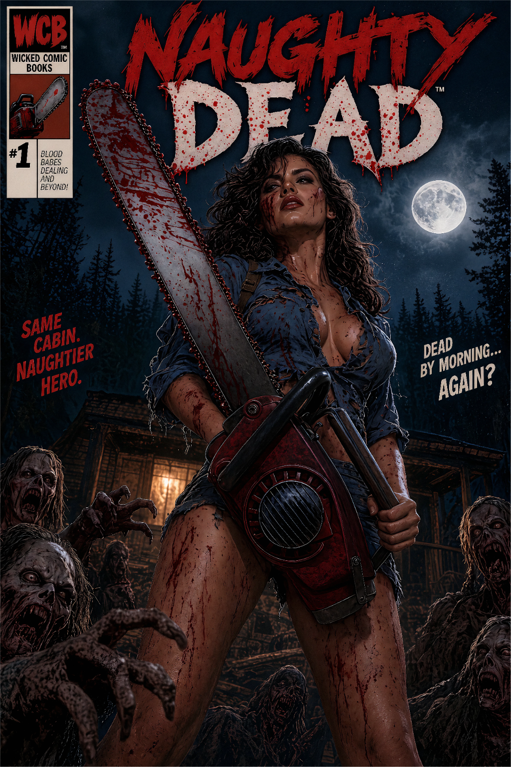 Naughty Dead #1 horror comic cover with chainsaw heroine and zombies