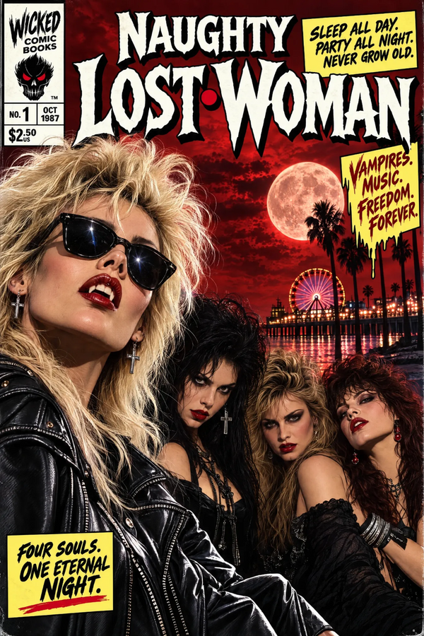 Naughty Lost Woman #1 1980s vampire horror comic cover with four gothic women at a beach pier