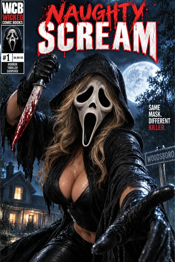 Naughty Scream #1 masked slasher horror comic cover with knife and full moon