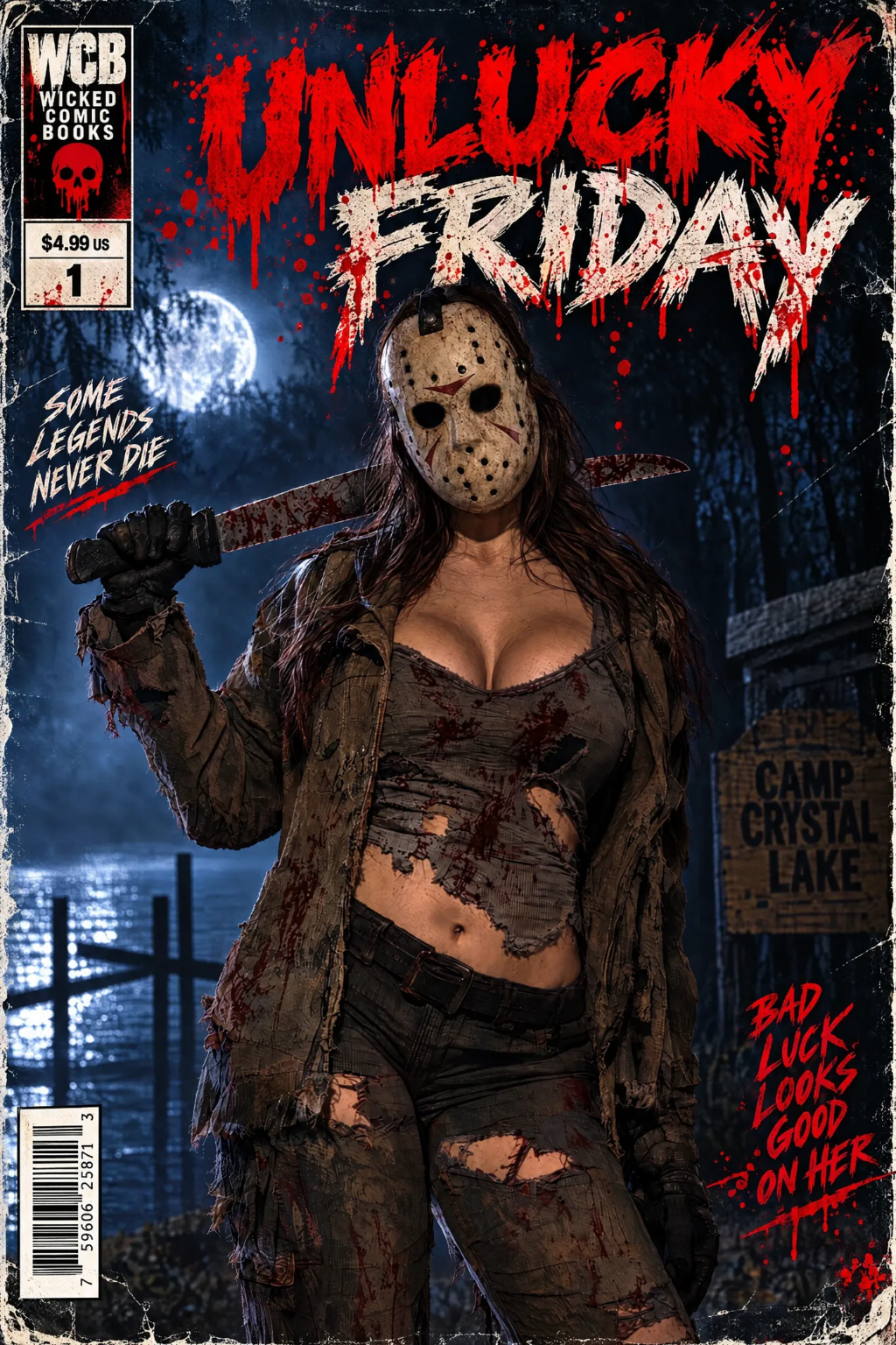 Unlucky Friday #1 slasher horror comic cover with masked machete killer at a moonlit lake
